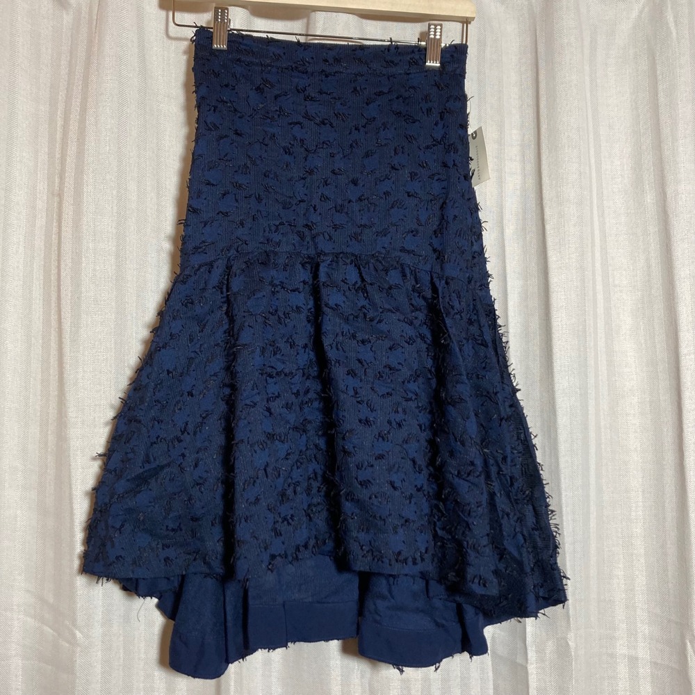 NWT Maeve Anthropologie Navy Blue Textured‎ Fringe High Low Tiered Skirt XXS